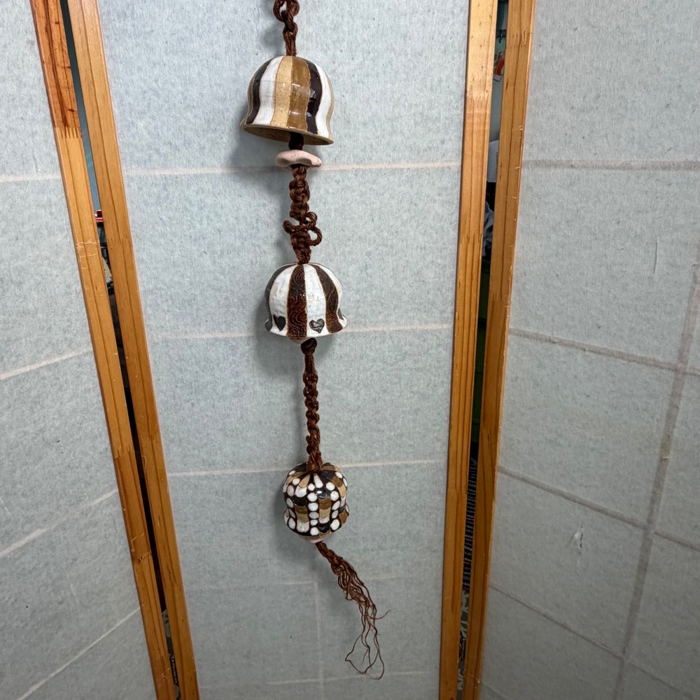 Vintage Ceramic Macrame Wind Chime Brown Cream 3 Tier Heart Dot Bell Decor